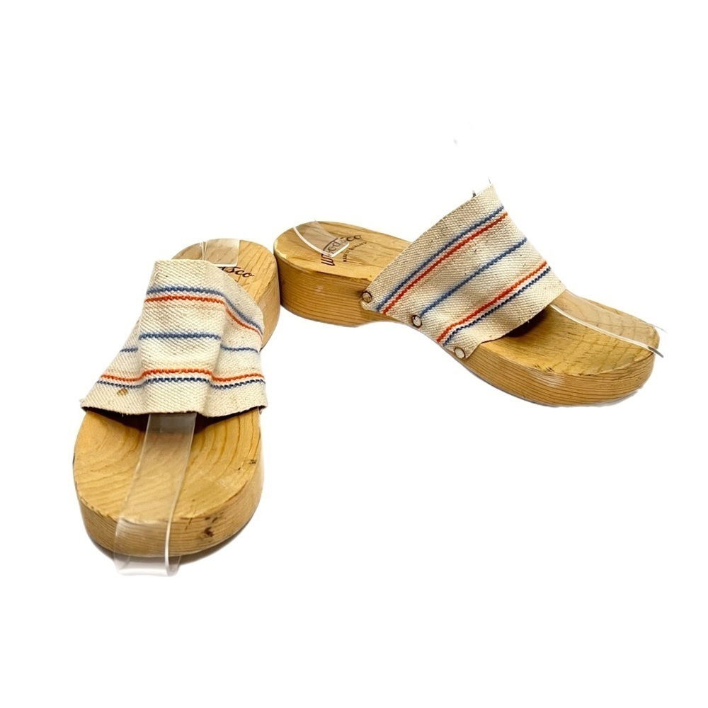 Vintage 1960s striped canvas open toe wooden sandals - Picture 4 of 8